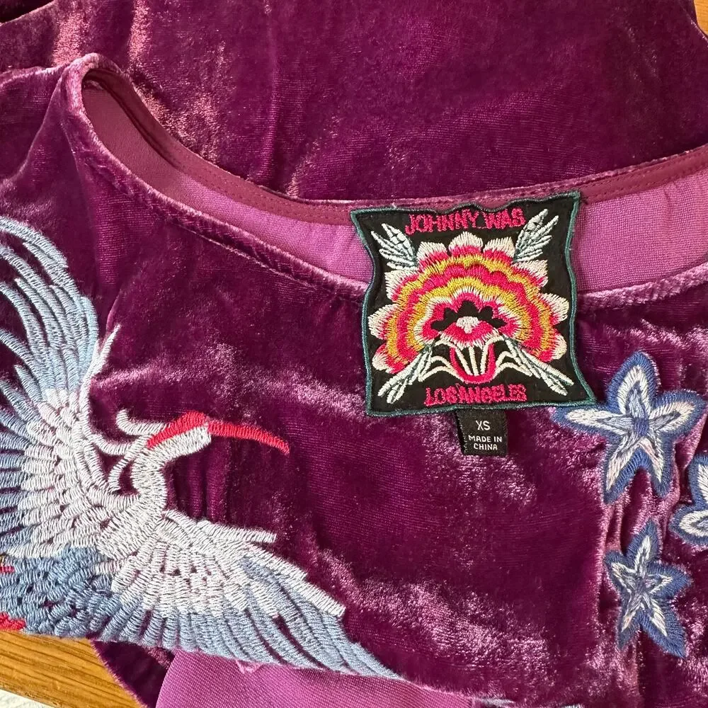 Johnny Was Nikkola Velvet Blousee Embroidered Floral Bird Boho Flowy Top Purple